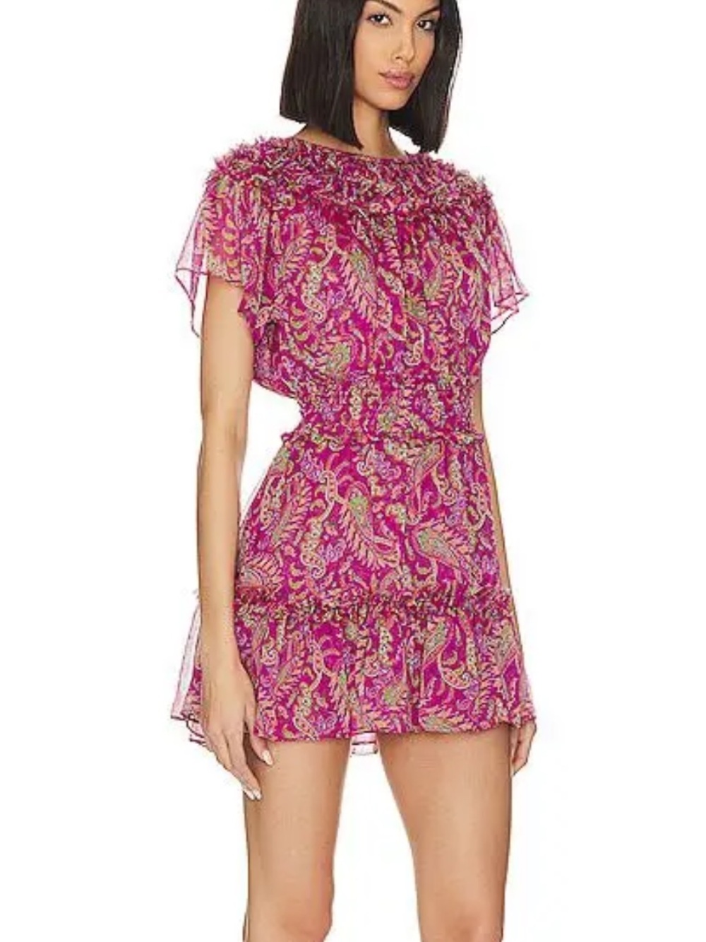 ⁠MISA Los Angeles Siobhan Dress S Pink Paisley Smocked Flutter Sleeve Mini Boho⁠
